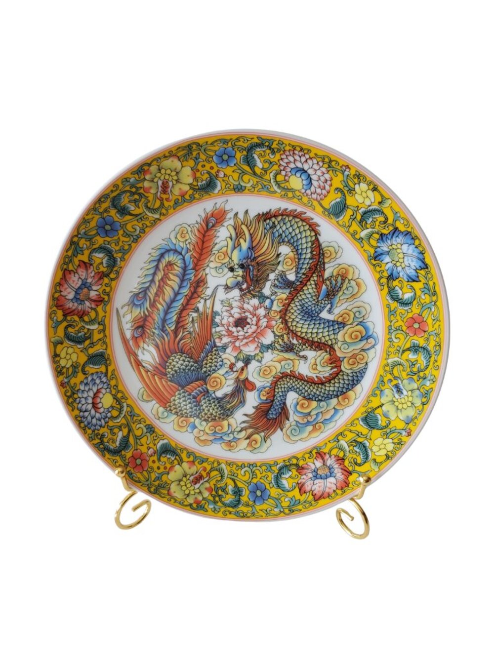 Chinese Famille Jaune Dragon & Phoenix Porcelain Display Plate - 10"